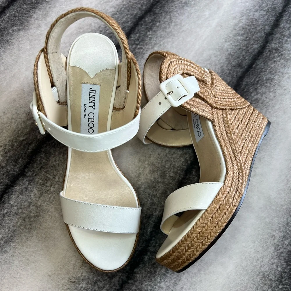 Jimmy Choo Delphi 100 Vao Latte Vachetta Leather Rope Wedges Espadrille